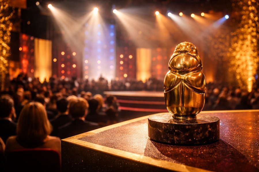 guldbaggestatyett-pa-scen-svensk-filmgala-prestigefyllt-filmpris-16×9 Guldbaggestatyett på scen under svensk filmgala med publik och scenljus i bakgrunden, symbol för prestigefyllt filmpris och svensk filmkultur.